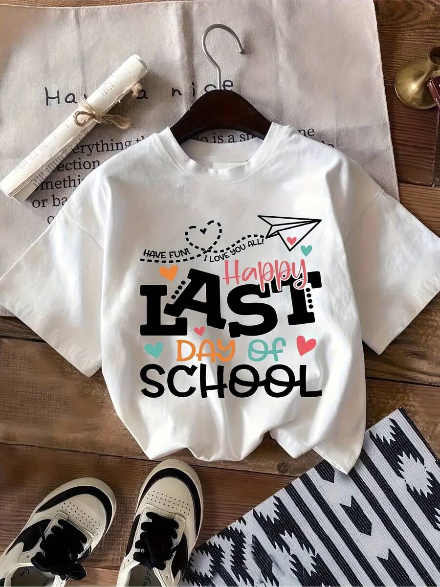 Women's Casual Sports T-Shirt Happy Last Day Of School With Airplane Graphic - Elastic Crew Neck T-Shirt, Machine Washable, Comfortable Fit And For All Seasons, Perfect For Celebrating The End Of The School Year. - 白色 - 查看 1