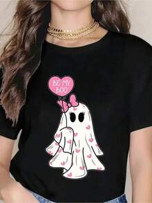 Women's T-Shirt, Halloween T-Shirt With Cute Ghost Design With Pink Hearts And Balloon, "Be My Boo", For Women, Cute And Spooky Valentine's Day Gift, Costume Party T-Shirt - 黑色 - 查看 7