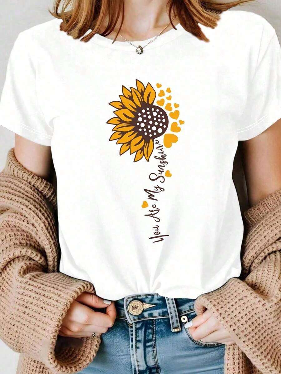 Women's Casual White Short Sleeve T-Shirt With Sunflower Design And The Phrase 'You Are My Sunshine', Perfect For Summer And Everyday Wear - High Quality For Summer - 白色 - 查看 1
