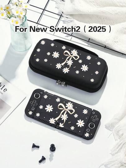 1pc Floral Daisy Bow Print Protective Case, Compatible With New Switch 2 (2025), Switch NS/Switch OLED, Suitable For Switch 2 Game Console Accessories, Family Pack, Storage Bag, Switch Protective Case, Romantic Gift For Switch Players