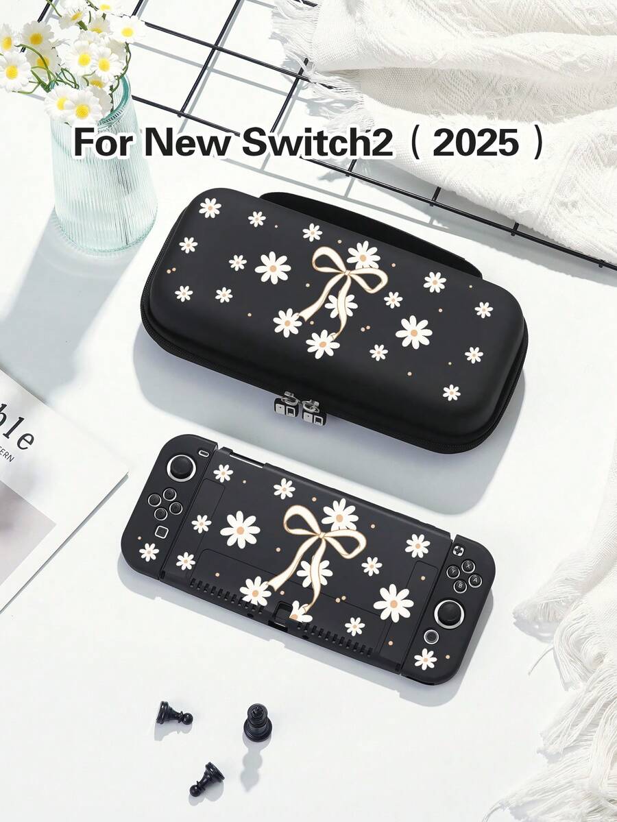 1pc Floral Daisy Bow Print Protective Case, Compatible With New Switch 2 (2025), Switch NS/Switch OLED, Suitable For Switch 2 Game Console Accessories, Family Pack, Storage Bag, Switch Protective Case, Romantic Gift For Switch Players - Multicolor - View 1