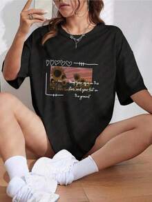 100% Premium Cotton: Unique T-Shirt With A Y2K Design Featuring A Beautiful Sunflower And An Inspirational Phrase That Encourages You To Keep Your Eyes On The Stars And Your Feet On The Ground. Perfect For Showing Off Your Modern And Fresh Style. Ideal For Any Occasion. Don't Miss Out! - Soft And Breathable Casual Fashion Clothing For Everyday Wear - 黑色 - 查看 6