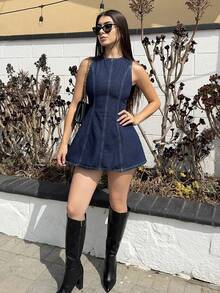 Vestido Vaquero Mini Azul con Espalda Descubierta para Mujer - Denim Casual Sexy con Lazo en la Espalda, Corte Ajustado y Falda con Volumen, Ideal para Verano - Azul - Ver 5