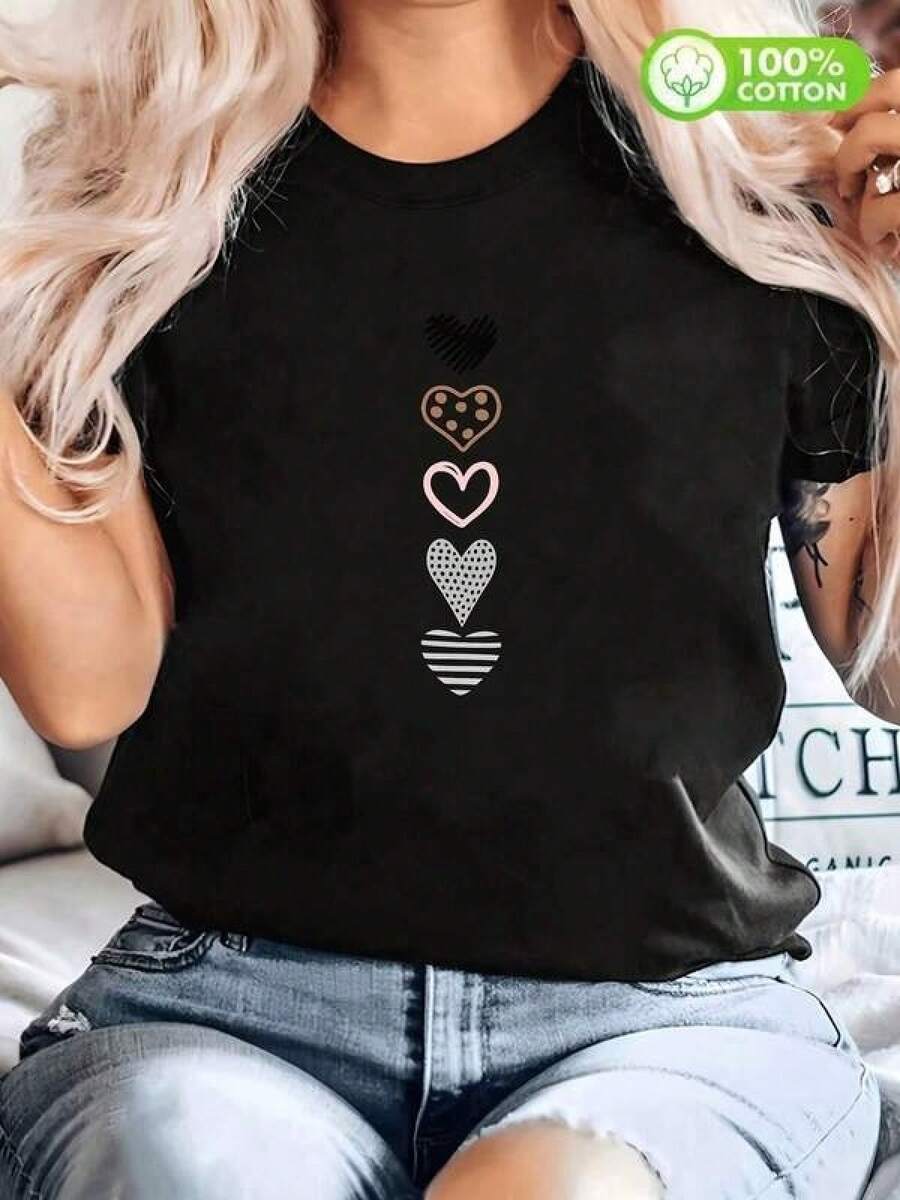 Camiseta negra informal de manga corta con cuello redondo para hombre,Camisetas Para Mujer Camiseta Y2K con diseño de corazones en diferentes estilos ideal para quienes buscan un toque moderno y único en su guardarropa 100% algodón perfecta para lucir con estilo en cualquier ocasión destaca por su originalidad y versatilidad - Negro - Ver 1