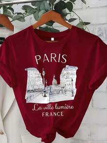 Regular Fit Crew Neck T-Shirt With Fashionable Paris Summer Print - Burgundy - View 6