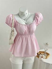 de mujer de unicolor con cuello cuadrado y manga corta, para vacaciones - Rosa - Ver 3