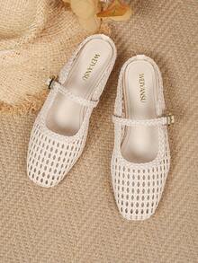 2026 New Vacation Style Bohemian Hollow Artificial Woven Breathable Buckle Mule Women's Shoes, Flat Casual Comfortable Elegant Perforated Shoes, Lightweight, Breathable, Suitable For Daily Casual, Shopping, Office And Other Occasions. - Apricot - View 4