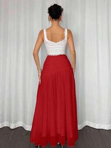 Falda larga plisada con cierre asimétrico de gasa blanca elegante y minimalista para mujer, adecuada para verano, playa, vacaciones y uso casual - Rojo - Ver 2
