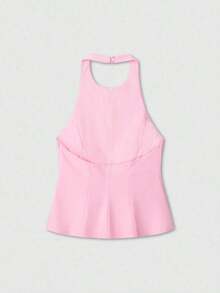 Top sin mangas de cuello halter de unicolor minimalista para mujer, rosa, de verano - Rosa - Ver 2