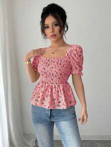 Blusa elegante de mujer con estampado floral diminuto y ajuste ceñido - Rosado Sandía - Ver 4