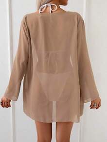 Swim Basics Kimono de manga larga de unicolor para mujer como cubierta casual - Caqui - Ver 2