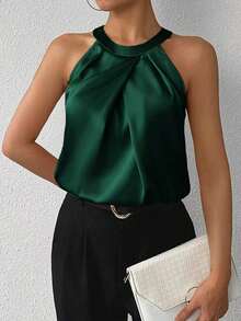 Privé Blusa de satén sin mangas con cuello de volantes de unicolor elegante para la oficina y el trabajo, color champán - Verde Oscuro - Ver 5