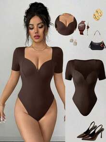 Nuevo lanzamiento de verano 2026: Mono de cuello en V profundo y cuello cuadrado de manga corta, elegante, estilizador, top de base que define la cintura, sexy y versátil para mujeres - Marrón - Ver 8