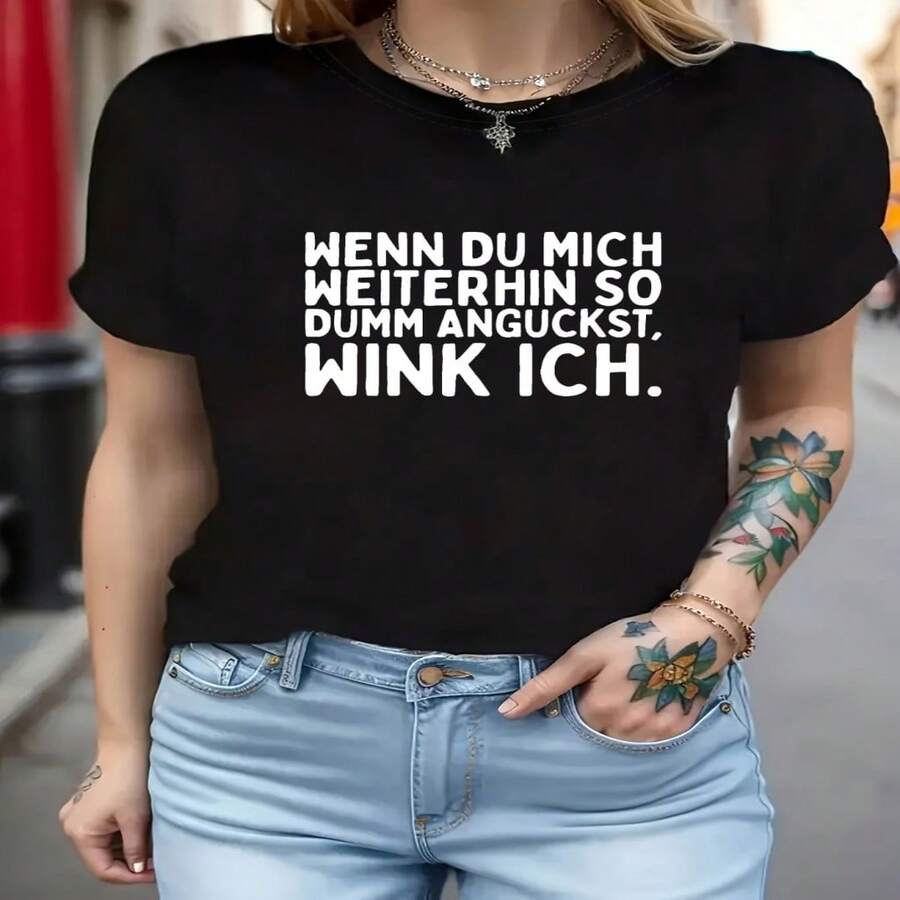 Camiseta casual de manga corta, cuello redondo y corte regular para mujer, de algodón elástico y estilo moderno. - Negro - Ver 1
