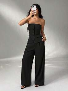 1 Conjunto de Top Camisola Ajustada de unicolor y Pantalones Elegantes para Otoño/Invierno - Negro - Ver 5