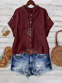 Camisa casual de moda cómoda para mujer de talla grande, de unicolor, con cierre de botones completo, cuello de solapa, manga corta y bolsillos dobles - Burdeos - Ver 4