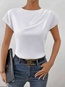 Blusa de manga de murciélago sólida, blusas de manga corta - Blanco - Ver 5