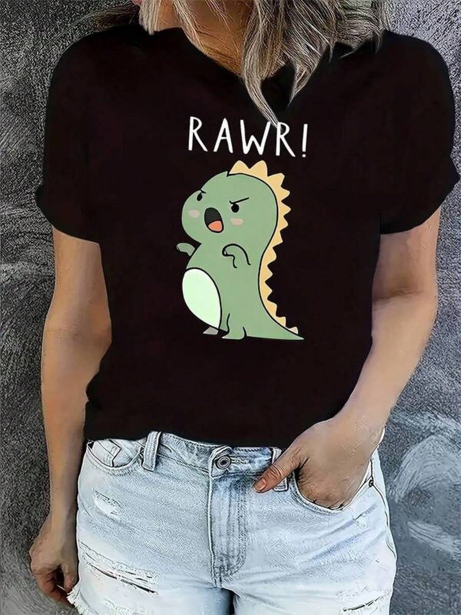 New 2026 Women's T-Shirts, Couple T-Shirts Y2K T-Shirt With A Fun Screaming Dinosaur Design RAWR, Ideal For Lovers Of Unique And Daring Fashion, Perfect To Wear On Any Occasion, Stands Out For Its Originality And Modern Style, Available In Various Sizes And Colors, Options For All Tastes - 黑色 - 查看 1