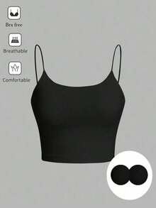 Camiseta de tirantes finos de un solo color simple, uso casual de todos los días para mujeres - Negro - Ver 3