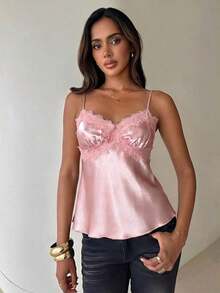 de satén con parches de encaje elegante y sexy para mujer - Rosa vieja - Ver 4