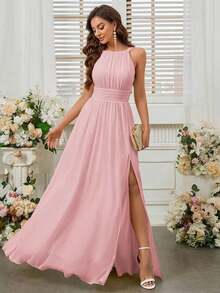 Belle Vestido de dama de honor con cuello de halter de unicolor, cintura imperio y abertura frontal alta.Elegante vestido color púrpura claro para boda. - Rosa - Ver 2