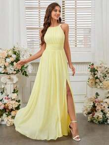 Belle Vestido de dama de honor con cuello de halter de unicolor, cintura imperio y abertura frontal alta.Elegante vestido color púrpura claro para boda. - Amarillo - Ver 7