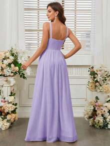 Belle Vestido de dama de honor con cuello de halter de unicolor, cintura imperio y abertura frontal alta.Elegante vestido color púrpura claro para boda. - Morado Violeta - Ver 3