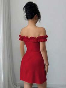 Vestido romántico con hombros descubiertos y volantes en la cintura para mujeres - Rojo - Ver 2