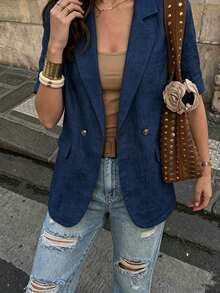 2026 Nueva llegada Blazer de manga corta marrón para mujer, de tela de lino con botones metálicos, bolsillo falso, casual, para ir y venir, vacaciones, chaqueta de traje para mujer, blazer beige de verano para mujer, blazer de verano para mujer, - Azul marino - Ver 3