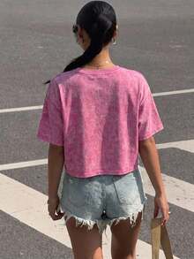 Camiseta básica de manga corta de 100% algodón lavado, verde oliva - Rosa - Ver 2