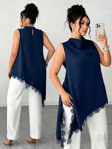 Blusa sin mangas con dobladillo de encaje para mujer de talla grande, elegante blusa larga de estilo vintage, versátil para el trabajo, graduación, vacaciones, San Valentín, festivales de música, Día de la Madre, Halloween, Acción de Gracias, Pascua, Día Nacional, bailes, citas, bodas, salidas, etc. - Azul marino - Ver 4