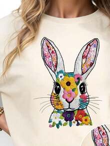 Blusa casual y versátil con estampados de conejo, flores y bordados - Tela suave, elástica y cómoda para el veranoPure-Cotton - Albaricoque - Ver 4