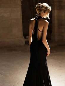Nuevo elegante vestido largo de satén de unicolor para mujer con cuello halter, botones, cintura alta, espalda descubierta y cintura ceñida, adecuado para bodas, galas, citas y otras ocasiones, color negro primaveral - Negro - Ver 3