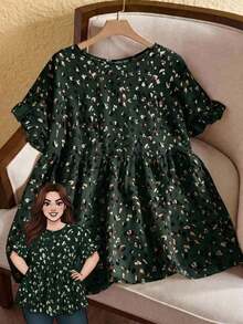 Camisa con estampado todo sobre y mangas con volantes, estilo casual de resort, tallas grandes.Atuendos de verano para mujer/Verano, ropa de mujer para vacaciones tropicales - Verde Oscuro - Ver 1
