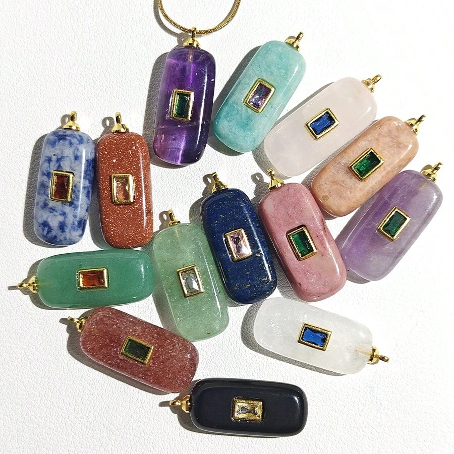 1 mặt dây chuyền đá tự nhiên hình chữ nhật, thạch anh tím, lapis lazuli, dùng để làm trang sức, vòng cổ tự làm. - Quảng trường - Xem 1
