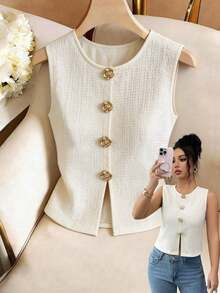 Camiseta de tirantes con pliegues y decoración de hebilla de rosa, nueva colección Primavera/Verano 2026 para mujer - Albaricoque - Ver 9
