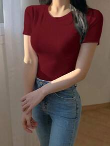 Camiseta Sólida Ajustada Con Cuello Redondo - Burdeos - Ver 4