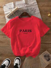 New Women's Casual Short Sleeve Crew Neck T-Shirt With Paris Letter Print Design, Perfect For Spring And Summer. Unisex Vintage Style, Loose Fit Cotton Short Sleeve Crew Neck T-Shirt. - 紅色 - 查看 7
