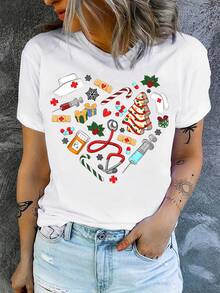 Camiseta de Mujer Nueva y a la Moda 2026, Estampado Navideño de Enfermera con Efecto Especial en Forma de Corazón, Cuello Redondo y Manga Corta, Camiseta de Enfermera para las Fiestas, Cuidado Navideño. FOHK - Blanco - Ver 6