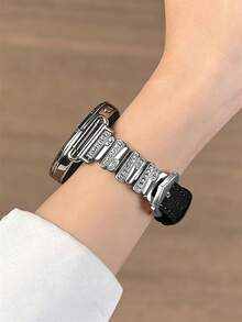 18mm/20mm/22mm Women's Rhinestone Embellished Metallic Textured Leather Watch Band - Compatible With Huawei, , , Galaxy Watch 7/6/5/4 40mm/44mm, Galaxy Watch 5 Pro, Galaxy Active 2, Watch 6/4, GT6/GT5/GT4/GT3/GT2 Pro - Comfortable Unisex Design - Black - View 5