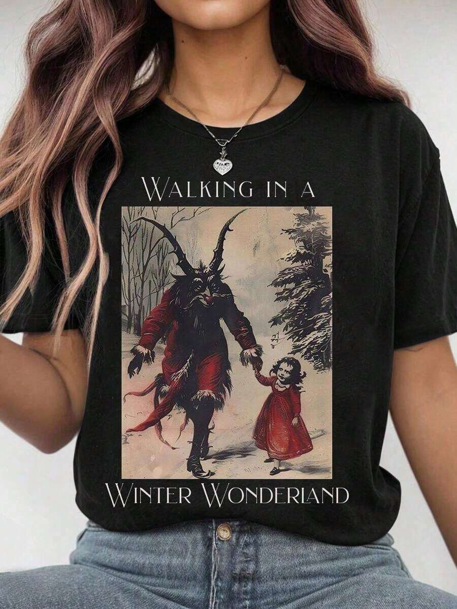 Camiseta de Navidad con estampado retro y divertido de paseo invernal en un mundo de maravillas, para mujer, de verano - Negro - Ver 1