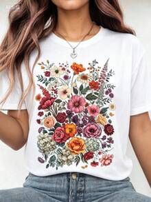 Camiseta con Frase Cristiana y Flores para Mujer, Estilo Casual Holgado, Manga Corta, Ideal para Uso Diario y Regalos - Blanco - Ver 1