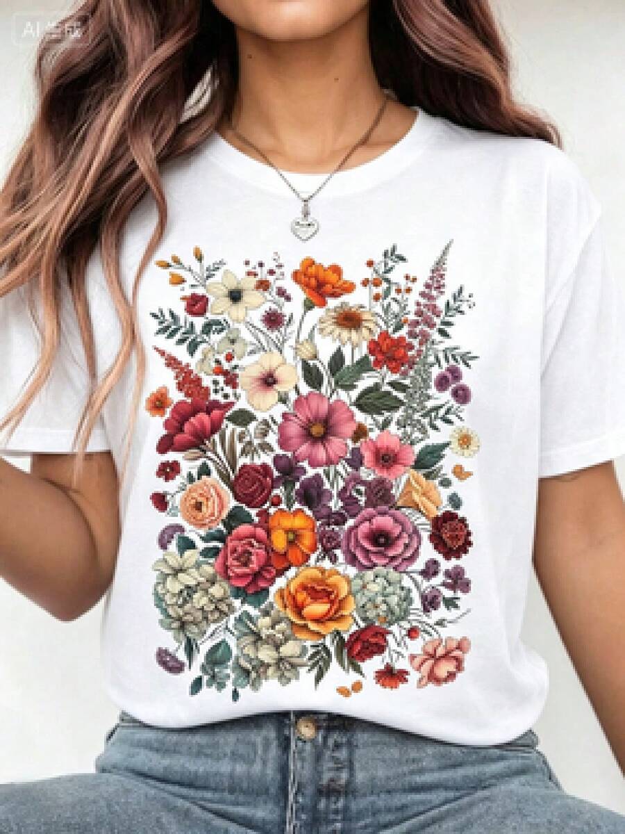 Camiseta con Frase Cristiana y Flores para Mujer, Estilo Casual Holgado, Manga Corta, Ideal para Uso Diario y Regalos - Blanco - Ver 1