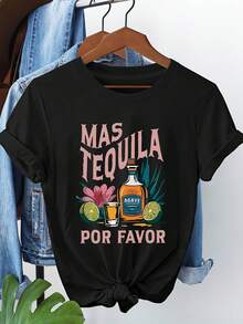 MAS TEQUILA POR FAVOR Camiseta de Manga Corta con Estampado de Letras, Cuello Redondo Casual para Verano y Primavera, Ropa de Mujer - Negro - Ver 1