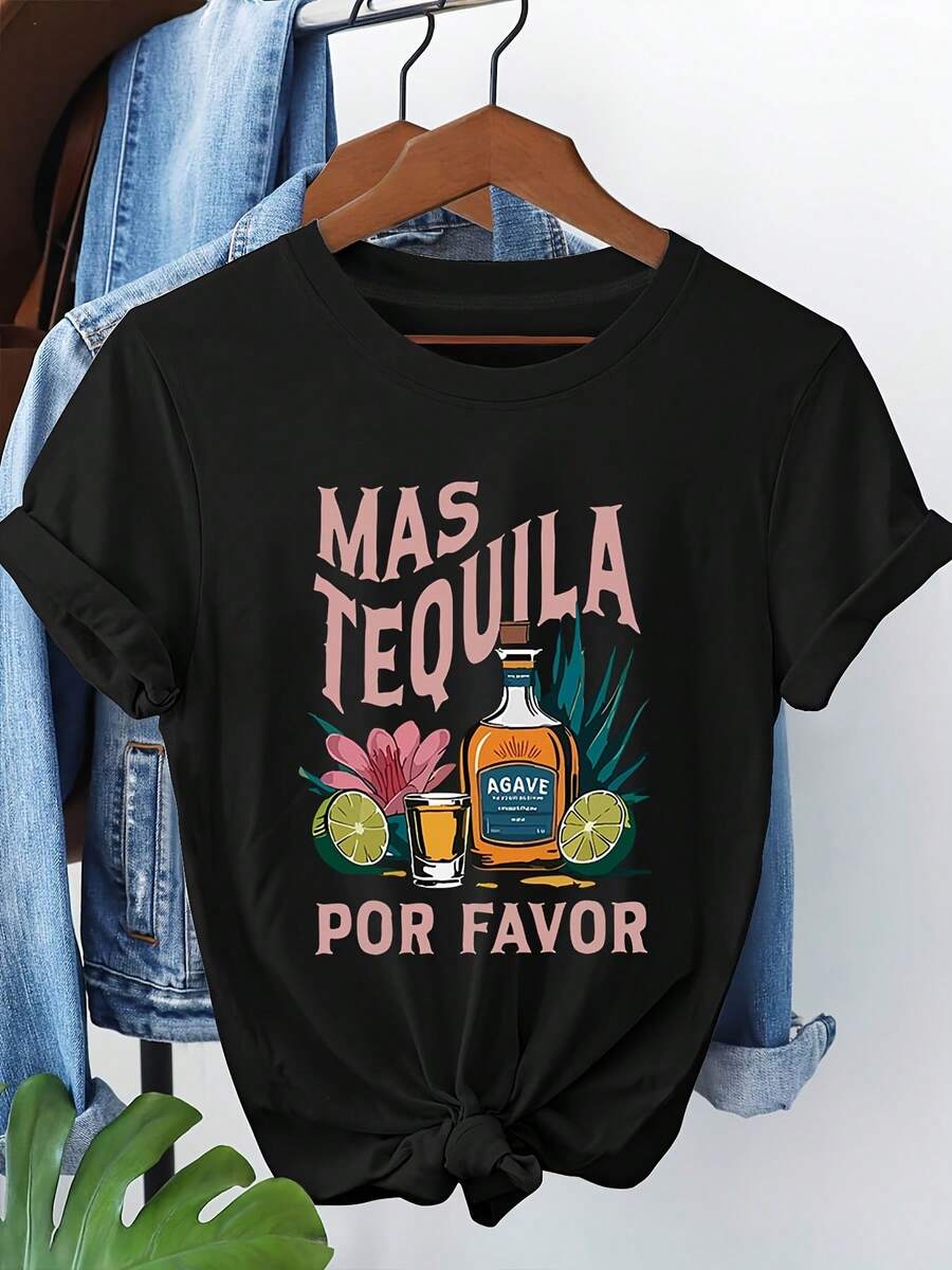 MAS TEQUILA POR FAVOR Camiseta de Manga Corta con Estampado de Letras, Cuello Redondo Casual para Verano y Primavera, Ropa de Mujer - Negro - Ver 1