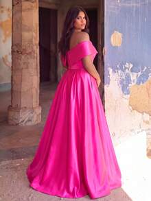 Plus Size Off Shoulder Ruffle Detail Satin Formal Dress - Hot Pink - View 2