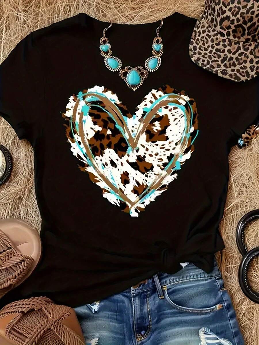 Camiseta Estampada de Moda para Mujer de Tallas Grandes, Cuello Redondo, Estilo Casual, Ligera y Transpirable, Adecuada para Primavera y Verano - Básica y Versátil