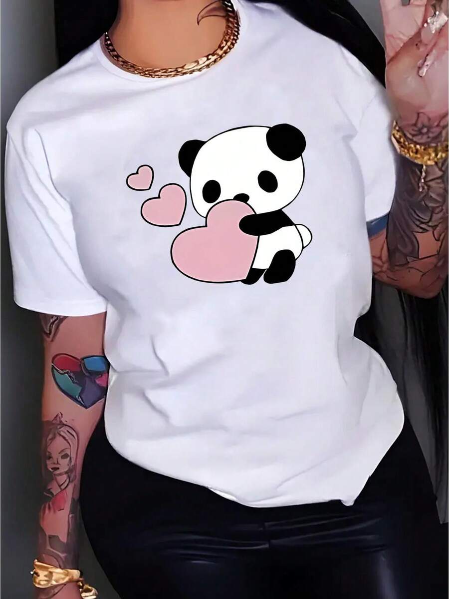 Women'S Cute Panda Print T-Shirt - Casual Crew Neck Polyester Knit Tee With Medium Stretch, Animal Pattern, All Season Short Sleeve Top - Putih - View 1