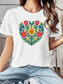 Estilo curvy de talla grande: Flores florecientes, belleza folclórica. Estampados florales de Europa del Este, elementos culturales distintivos, diseño creativo, camiseta de mujer con cuello redondo para primavera-verano. Versátil para uso diario casual, perfecta como regalo para vacaciones y fiestas, para ir de compras, reuniones y salidas. A la moda, elegante, vintage. Corte holgado y elástico. - Blanco - Ver 6