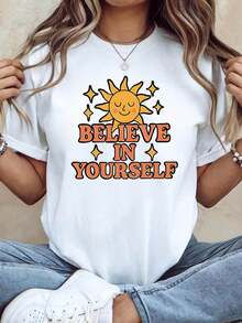 1 camiseta de mujer con temática de confianza, de manga corta casual, con estampados de sol sonriente y estrellas, color naranja-marrón-rojo, primavera/verano, diseño de dibujos animados, 180g 100% algodón. - Blanco - Ver 1